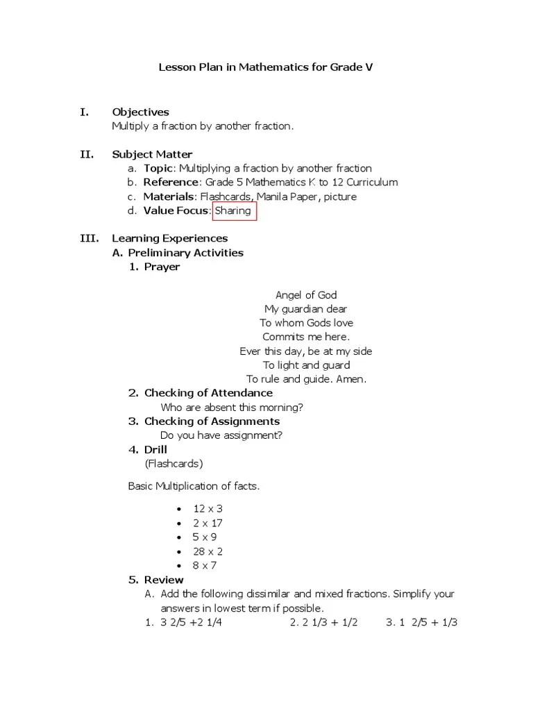 Lesson Plan in Mathematics For Grade 5 | PDF | Multiplication