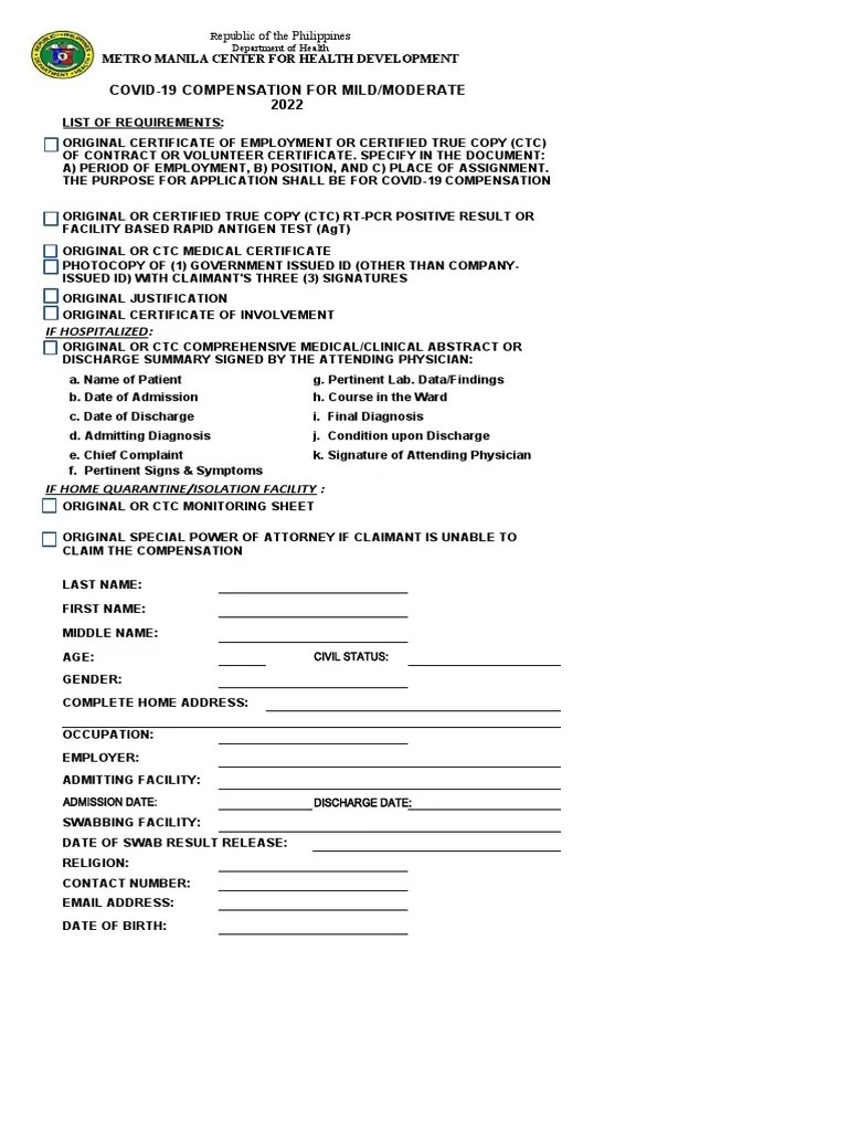 Doh Personal Data Sheet Pds Covid19 Compensation For Mildmoderate