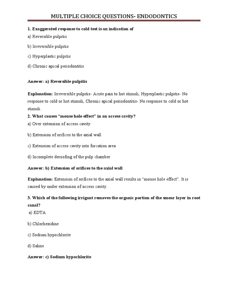 Questions Endodontics Without Explanation PDF Dentistry Branches Dentistry