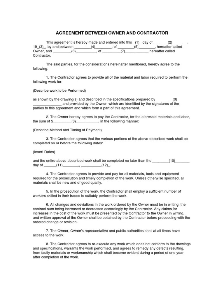 Agreement Between Owner and Contractor General Contractor Virtue