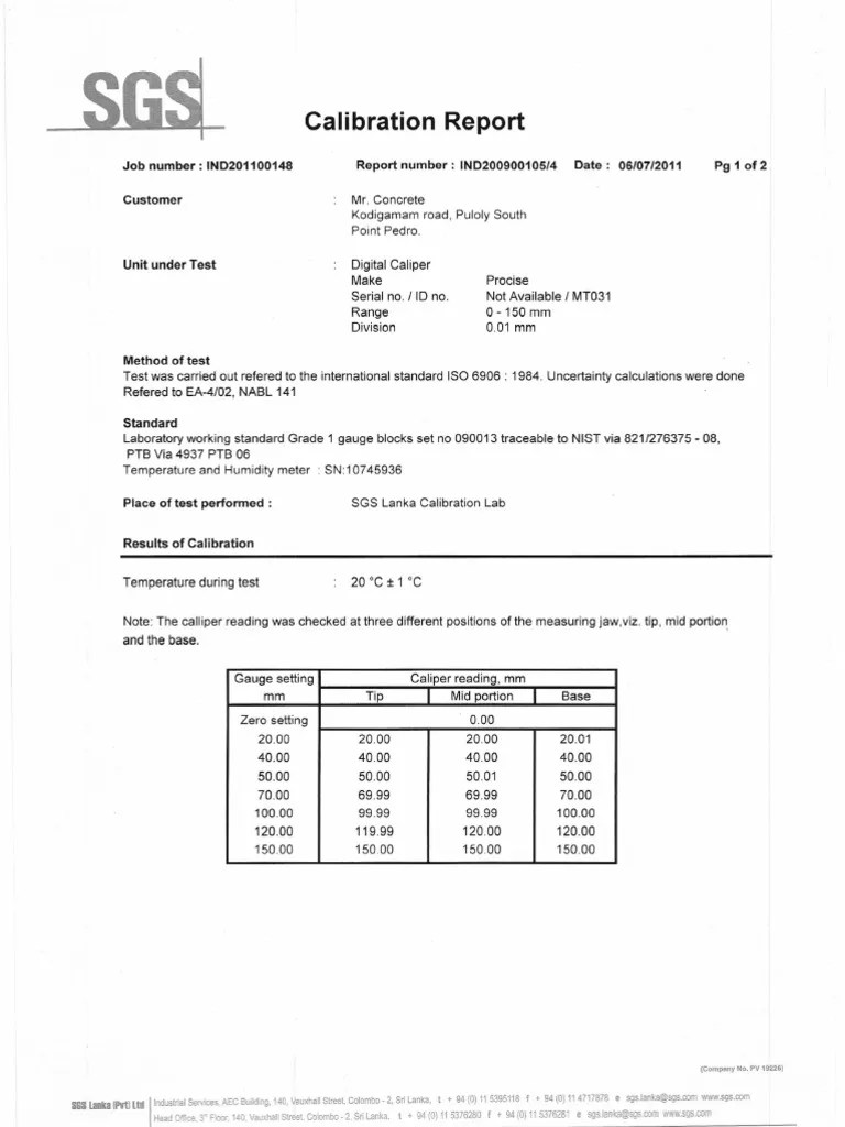 Calibration & Measurement Report 0001 Calibration Observation