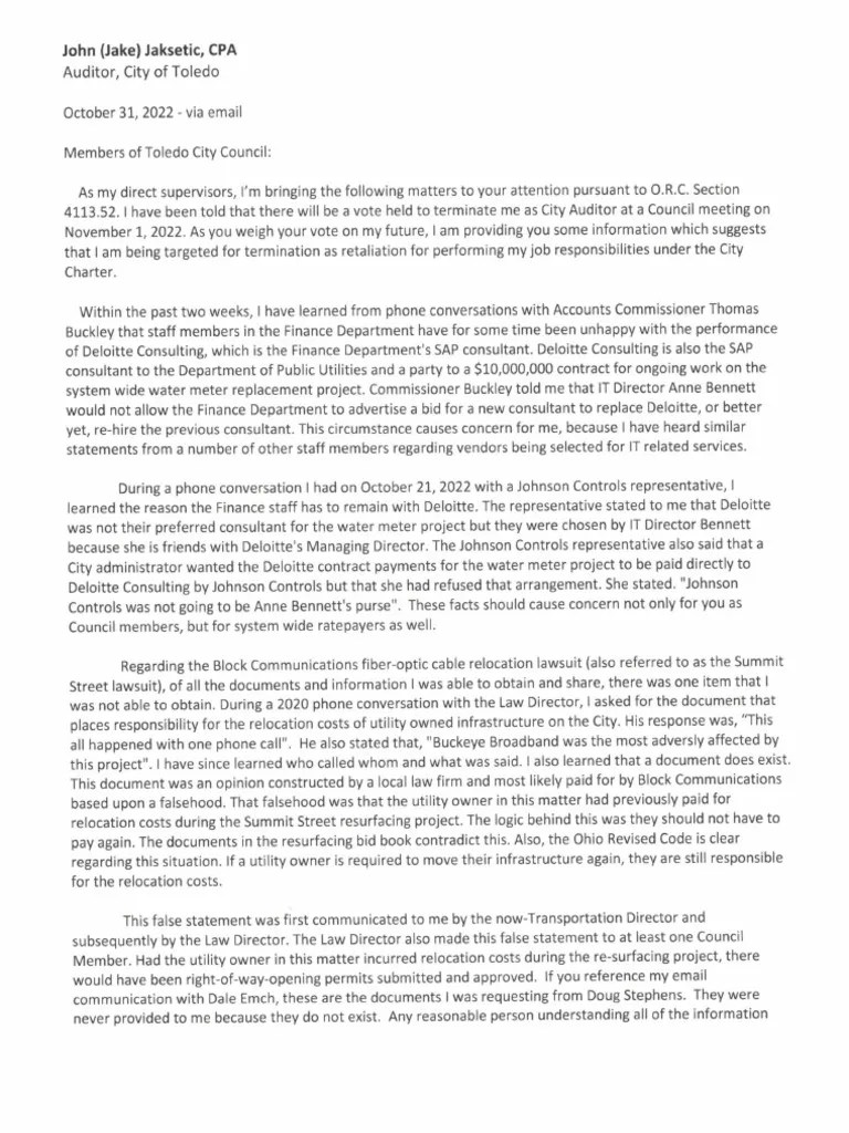 City Auditor Letter To Toledo City Council PDF