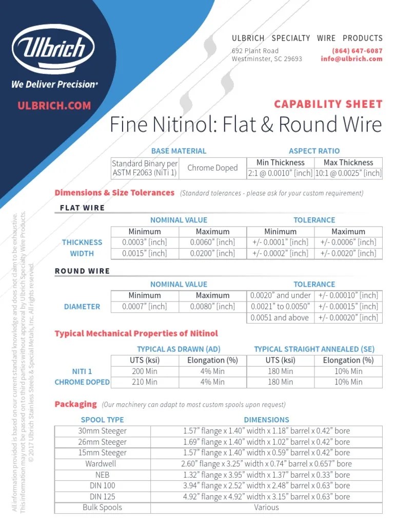 Nitinol Data Sheet PDF Wire Engineering Tolerance