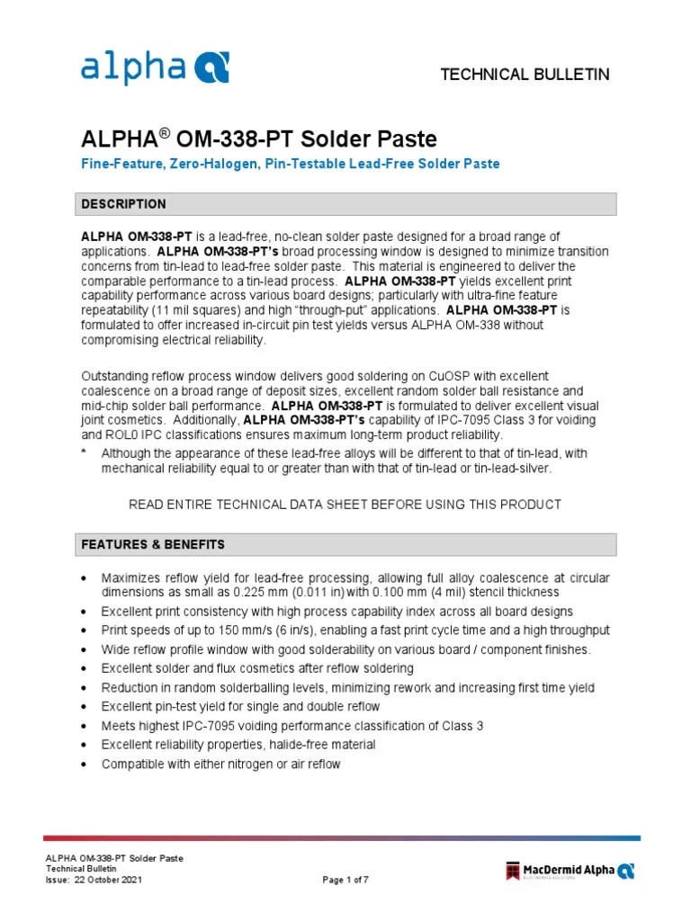 ALPHA OM 338 PT Solder Paste EN 22oct21 TB PDF Solder Soldering