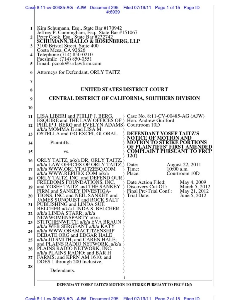 LIBERI v TAITZ (C.D. CA) 295.0 NOTICE OF MOTION AND MOTION to