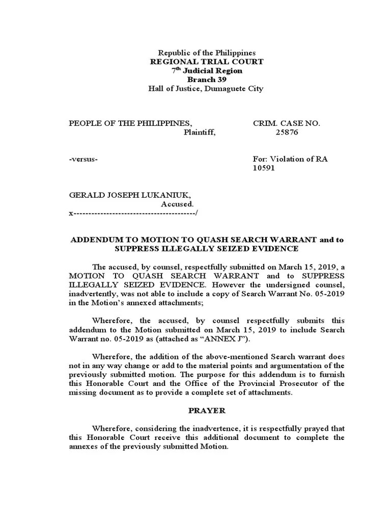 Sample Addendum Motion To Quash Search Warrant PDF Judiciaries