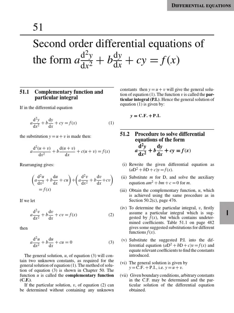 Second Order Differential Equations of Theformad2y +bdy +cy F (X) PDF
