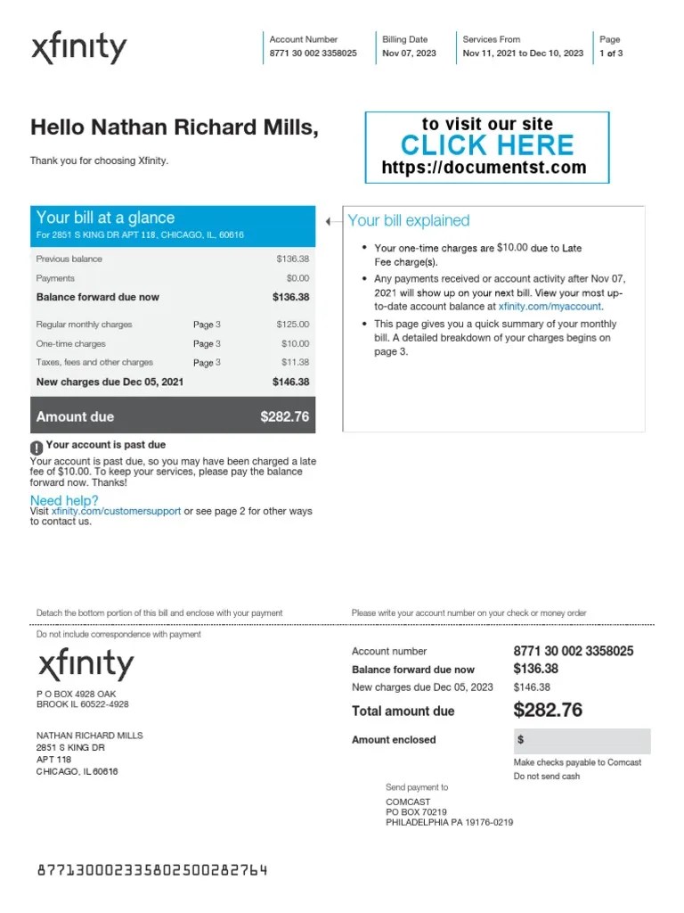 XFINITY Utility Bill Chicago USA PDF Fee Payments