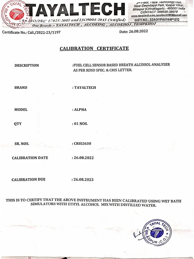 Breath Analyser Calibration Certificate PDF