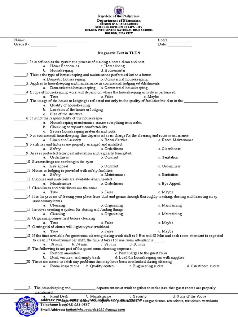Diagnostic Test 1st TLE PDF Housekeeping Home