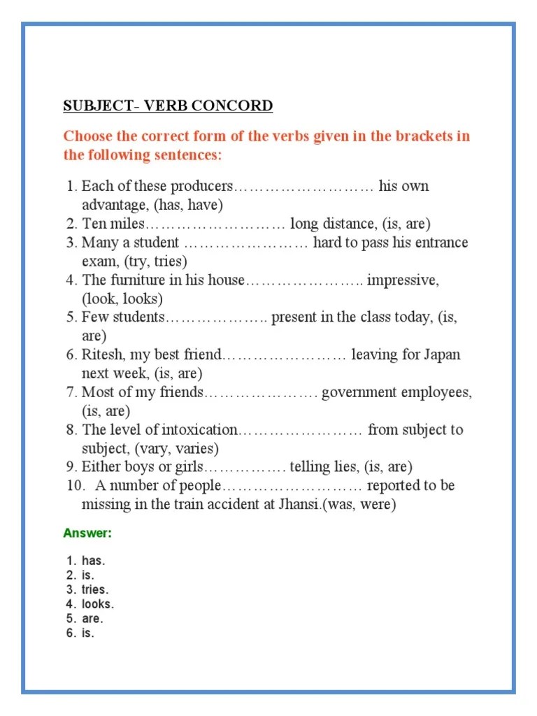 Exercise Subject Verb Concord - Answers | PDF