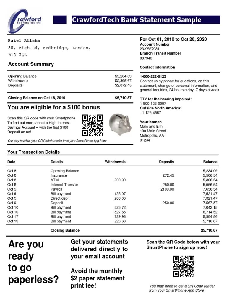 Are You Ready To Go Paperless? Crawfordtech Bank Statement Sample