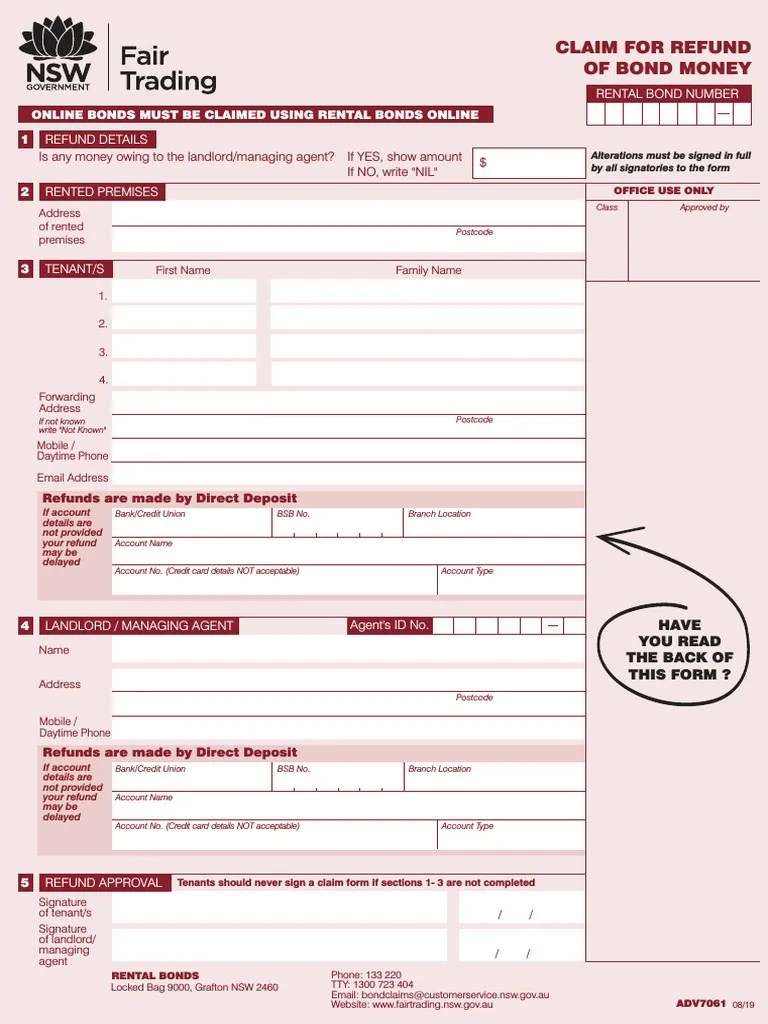 Claiming a Rental Bond Refund Instructions and Form for Tenants and