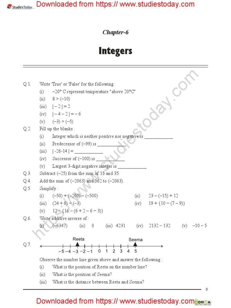 Class 6 Maths Integers Worksheet PDF Integer Mathematical Objects