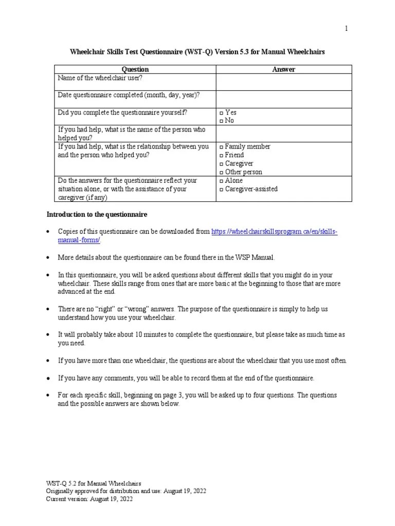 Assessing Wheelchair Skills A SelfReport Questionnaire PDF Wheelchair Questionnaire