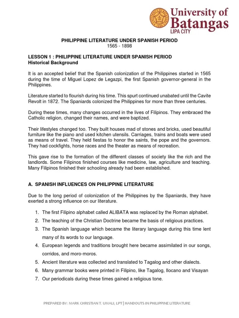 Spanish Period Handout PDF Tagalog Language Philippines