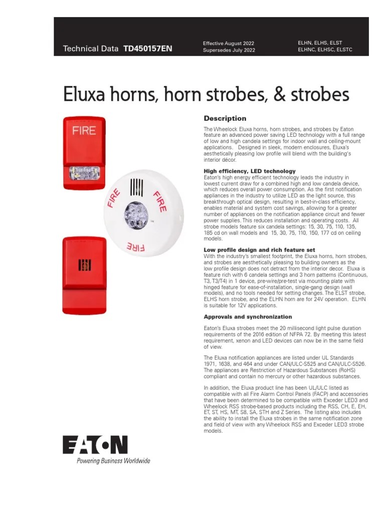 Eluxa Horns Strobes Data Sheet TD450157EN PDF Electrical