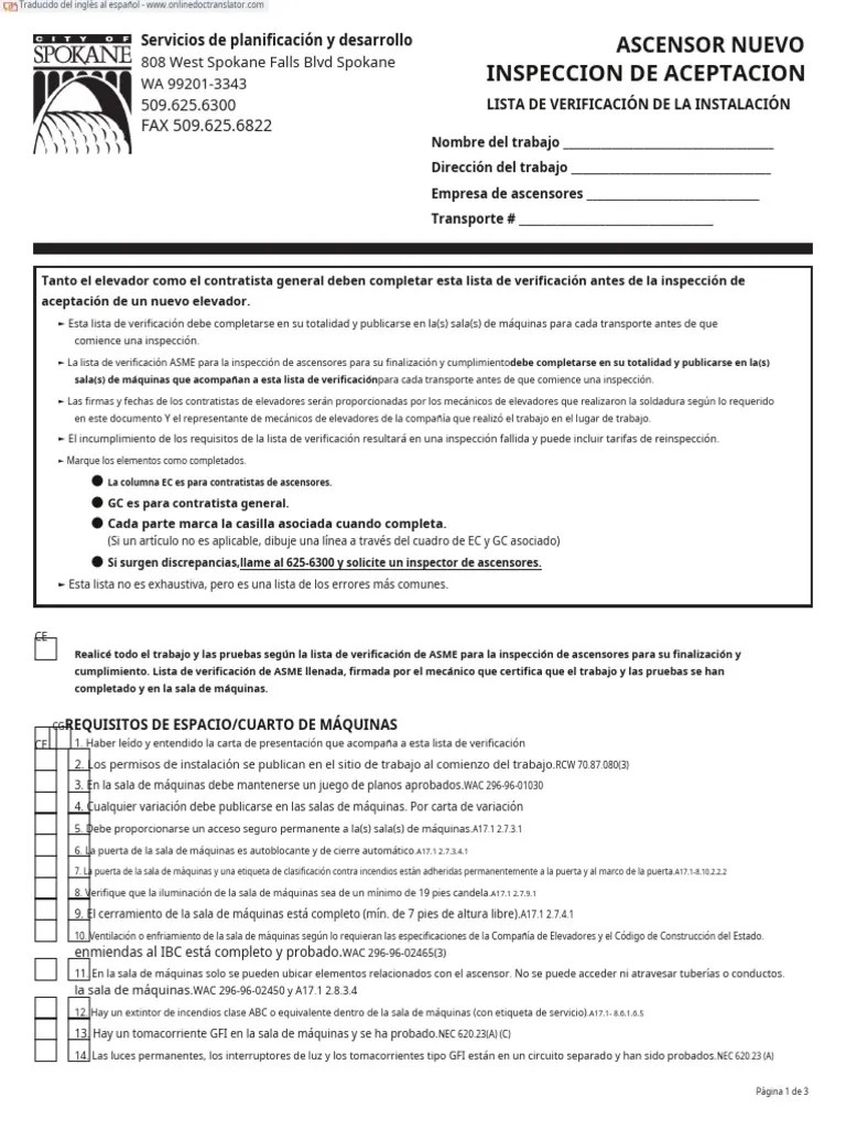 ElevatorInstallationChecklist en Es PDF Ascensor Bienes