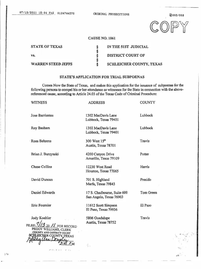 State of Texas Witness List 3