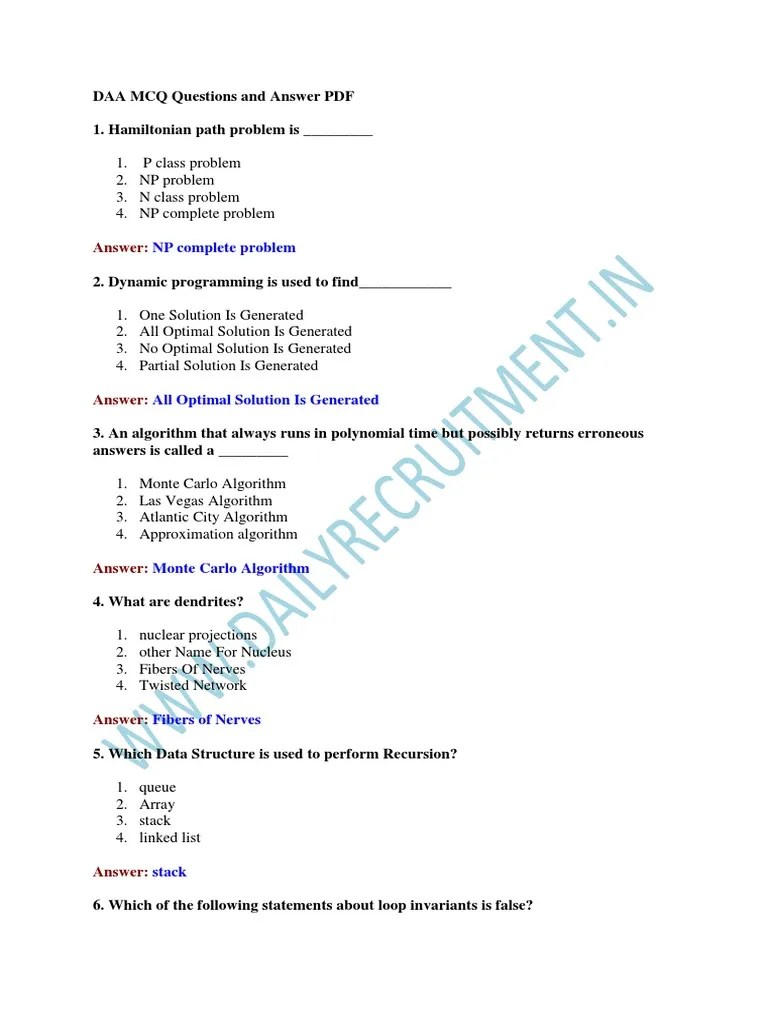 DAA MCQ Questions and Answer PDF PDF Dynamic Programming Time