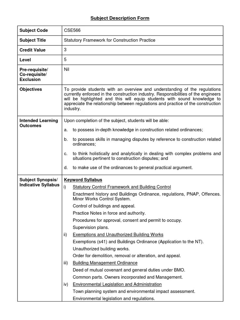 CSE566 Statutory Framework For Construction Practice PDF Learning