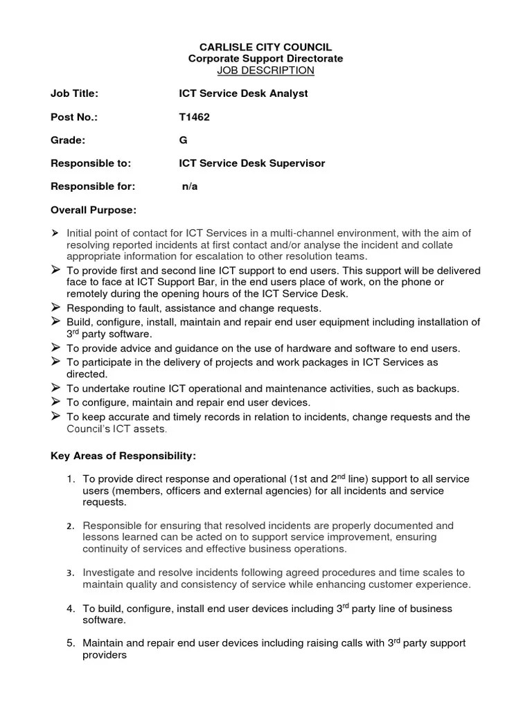 Job Description Service Desk Analyst PDF Educational Technology