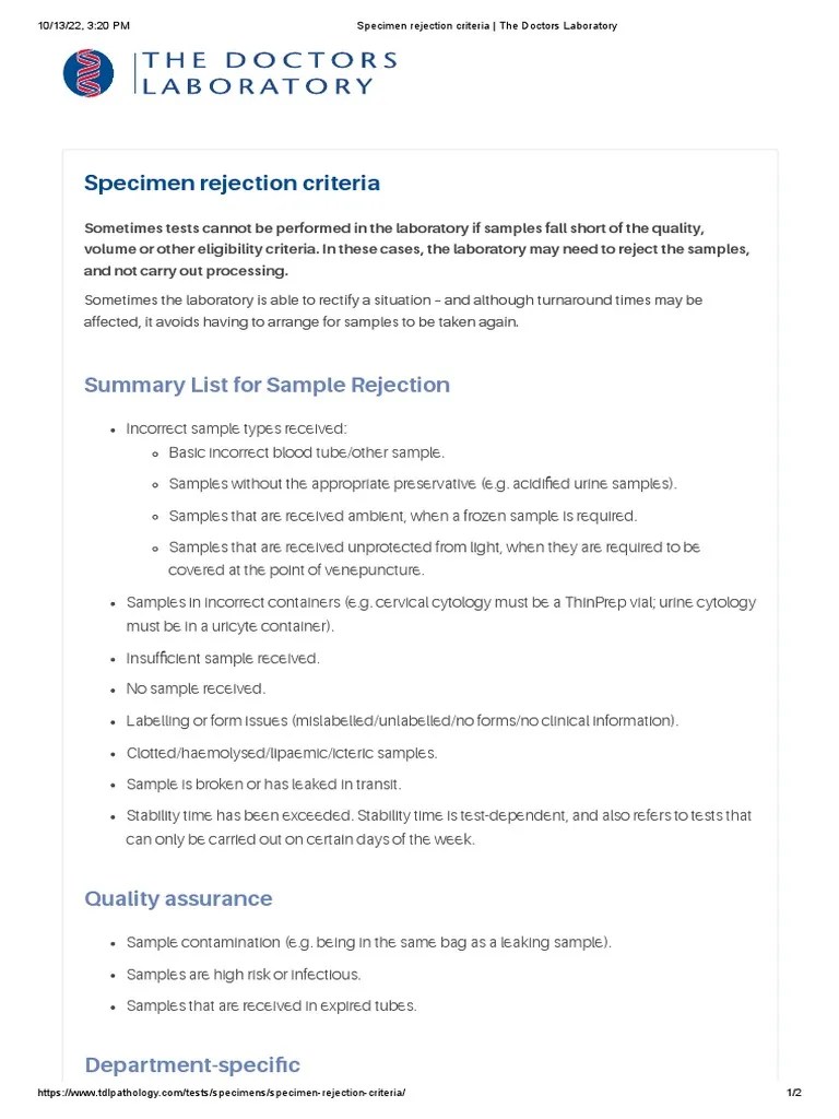 Specimen Rejection Criteria The Doctors Laboratory PDF Anatomy