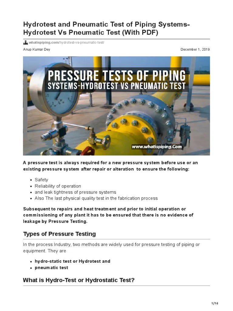 Hydrotest and Pneumatic Test of Piping SystemsHydrotest Vs Pneumatic