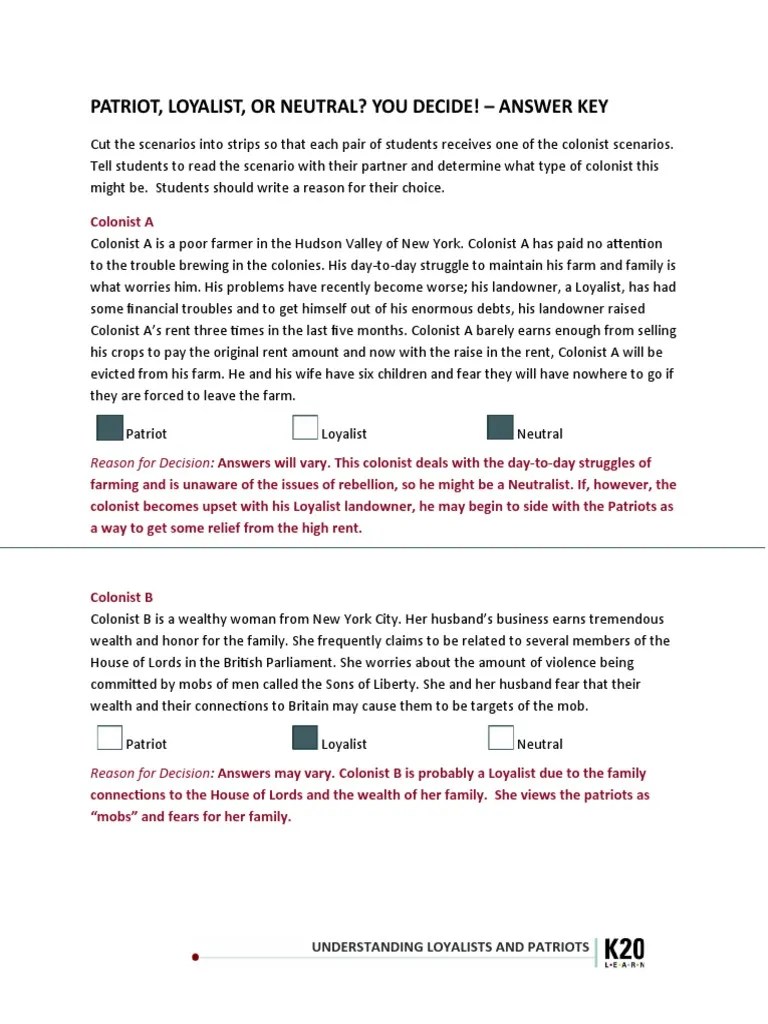 Patriot Loyalist or Neutral Answer Key PDF Kingdom Of Great Britain Patriot (American