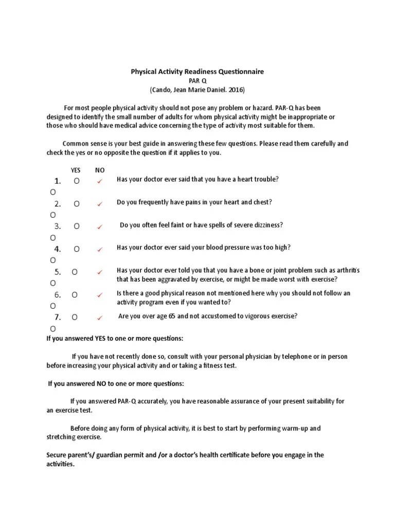 Physical Activity Readiness Questionnaire Assessing Readiness for