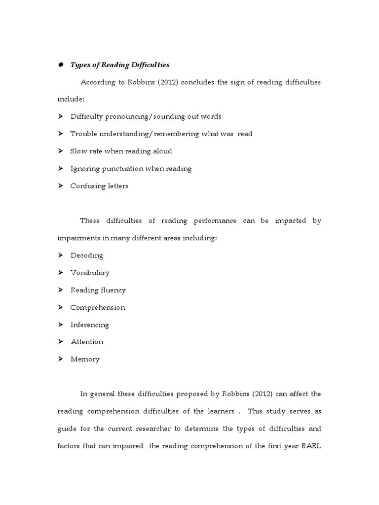 Types of Reading Difficulties PDF Reading Comprehension Cognitive