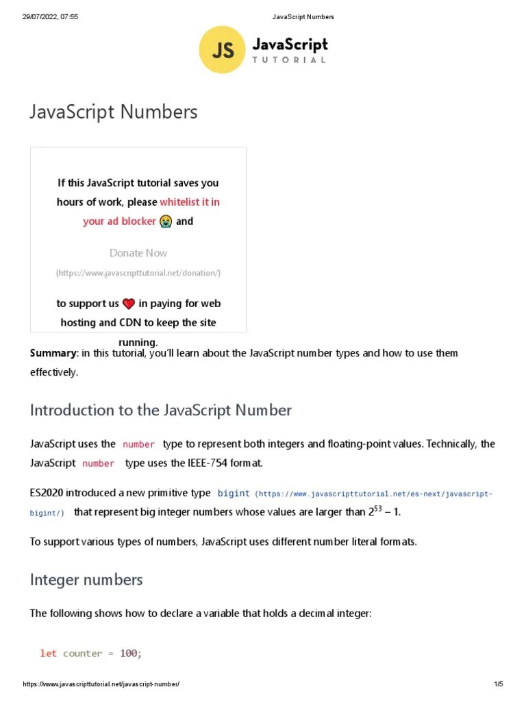 JavaScript Numbers PDF Decimal Integer Science)