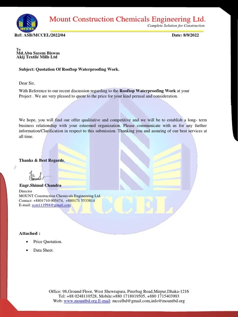 Quotation of Roof Top Waterproofing Work PDF Materials