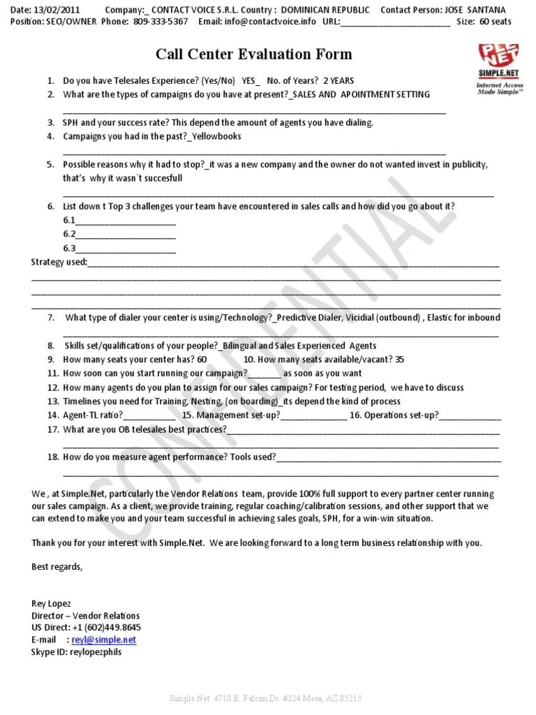 Call Center Evaluation Form PDF Call Centre Telephony