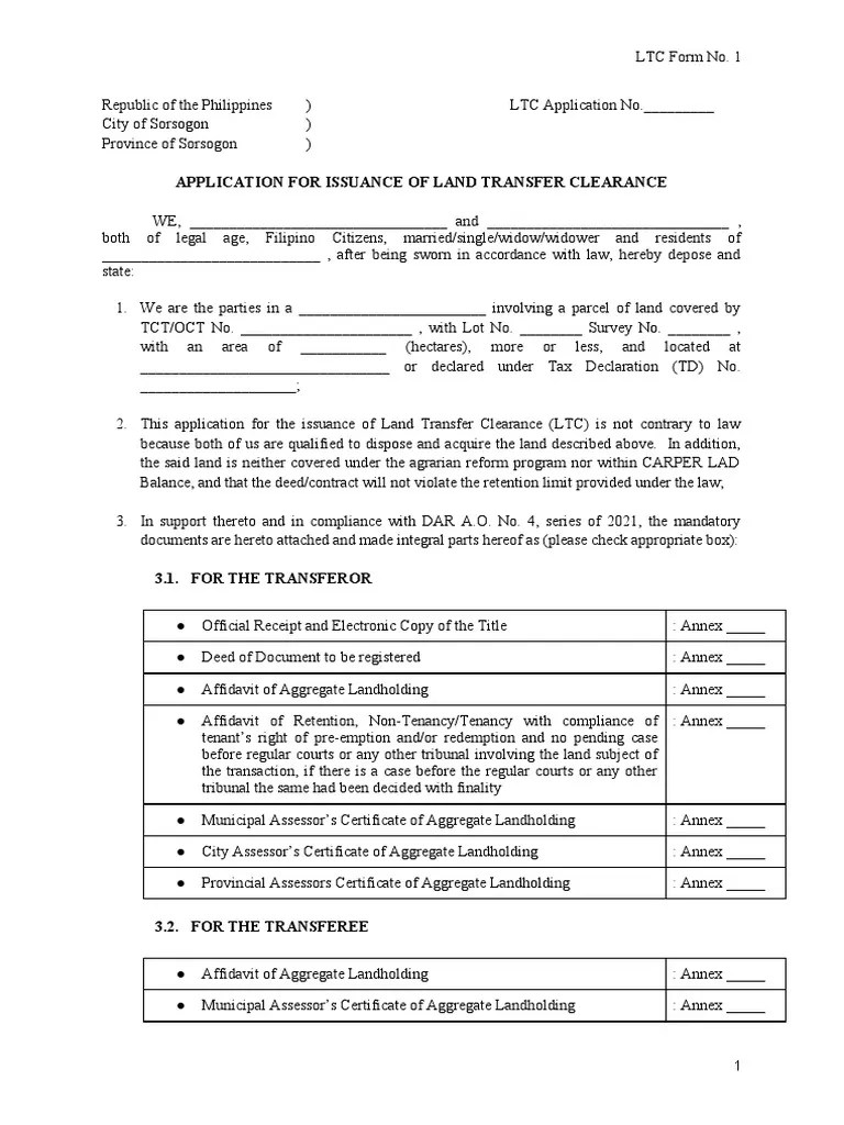 DAR Application For Issuance of Land Transfer Clearance PDF