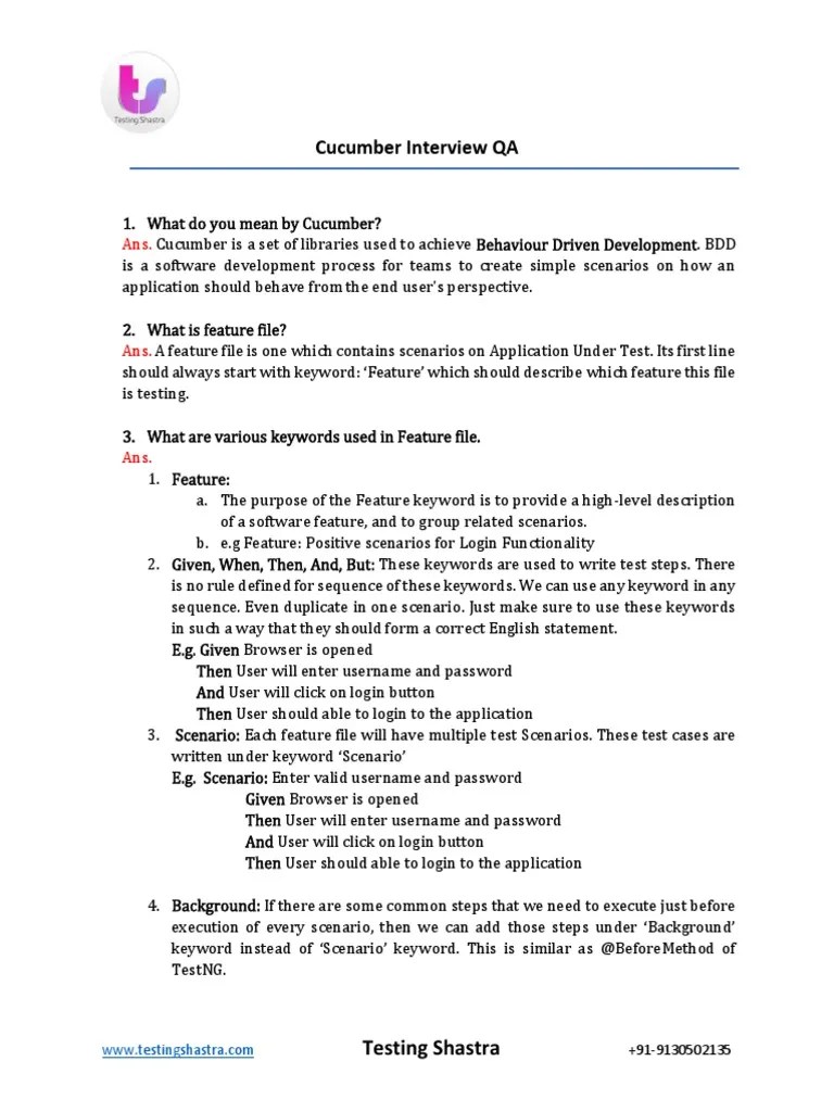 Cucumber Interview Questions PDF Computing Computer Programming