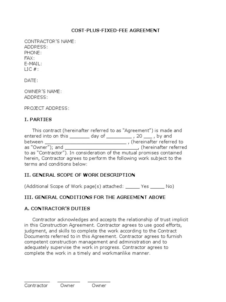 Cost Plus Fixed Fee Agreement Download Free PDF Insurance Breach