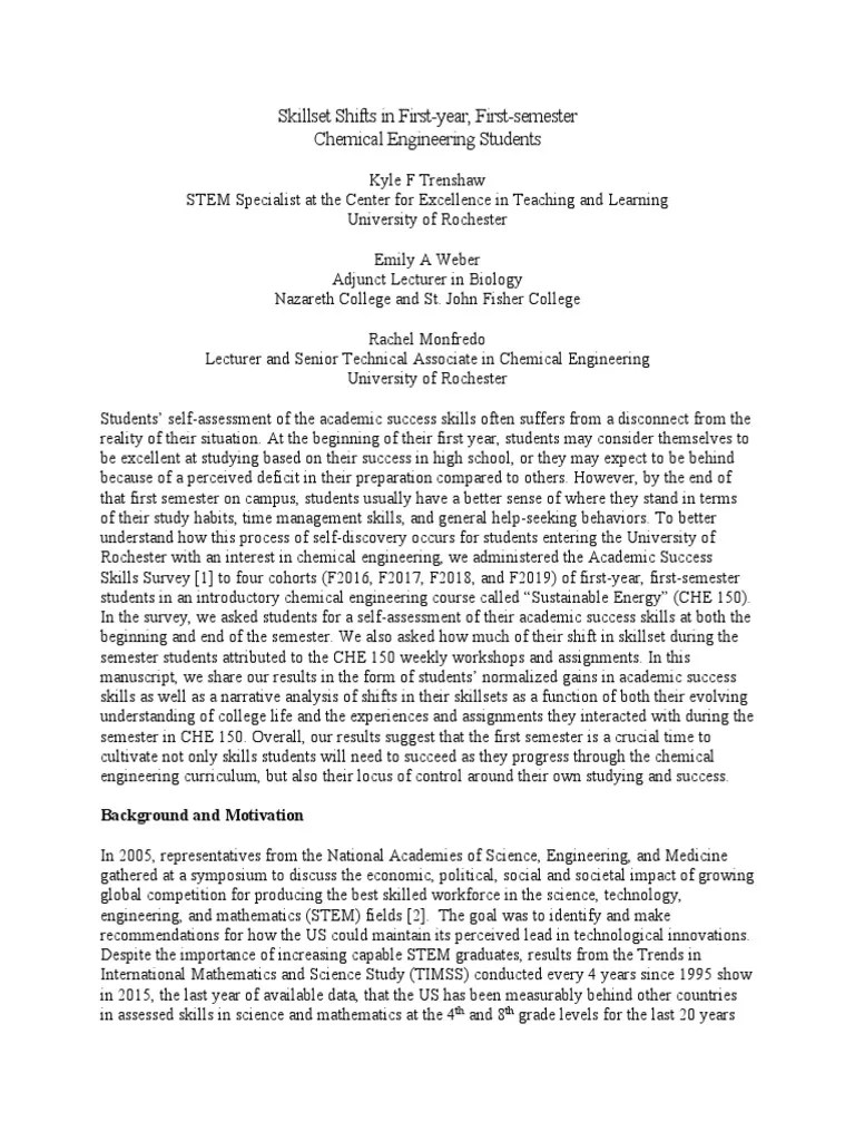 Skillset Shifts in First Year First Semester Chemical Engineering