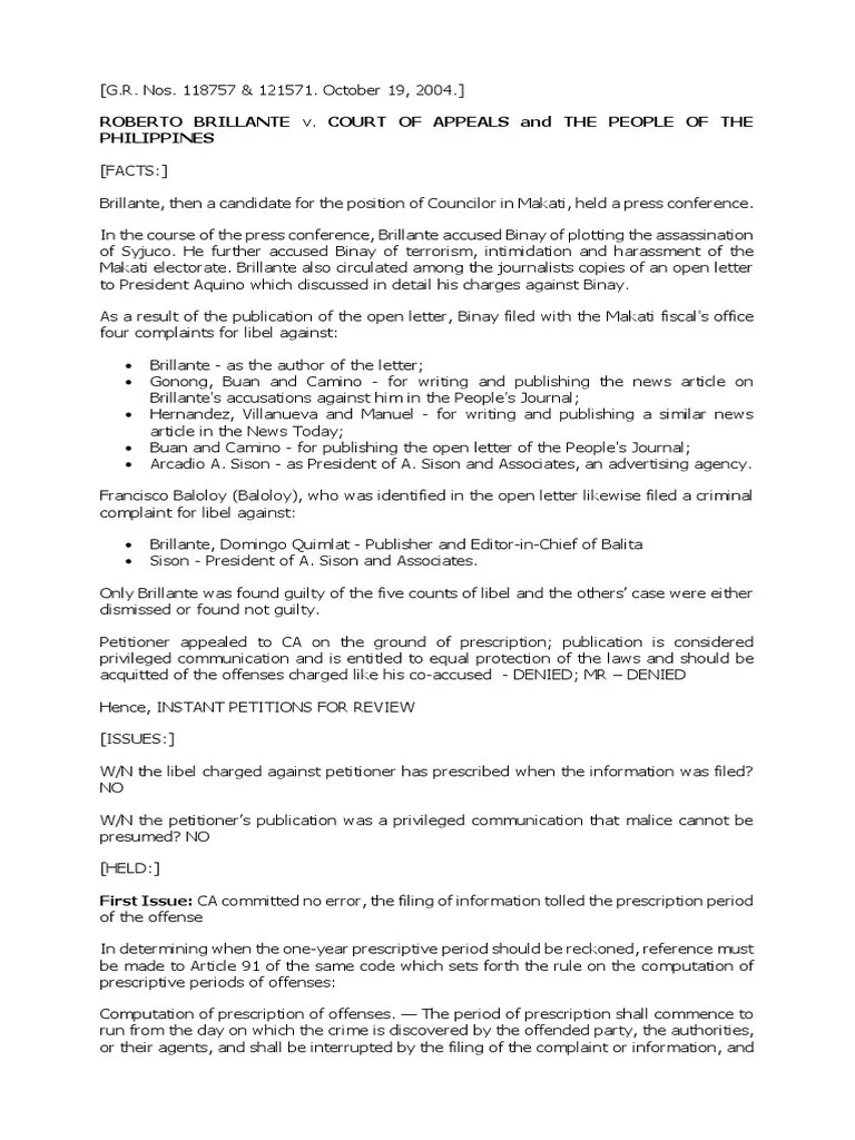 ROBERTO BRILLANTE v. COURT OF APPEALS and THE PEOPLE OF THE PHILIPPINES