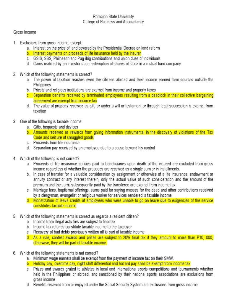 Gross Income With Answer Key PDF Free | PDF | Gross Income | Life Insurance