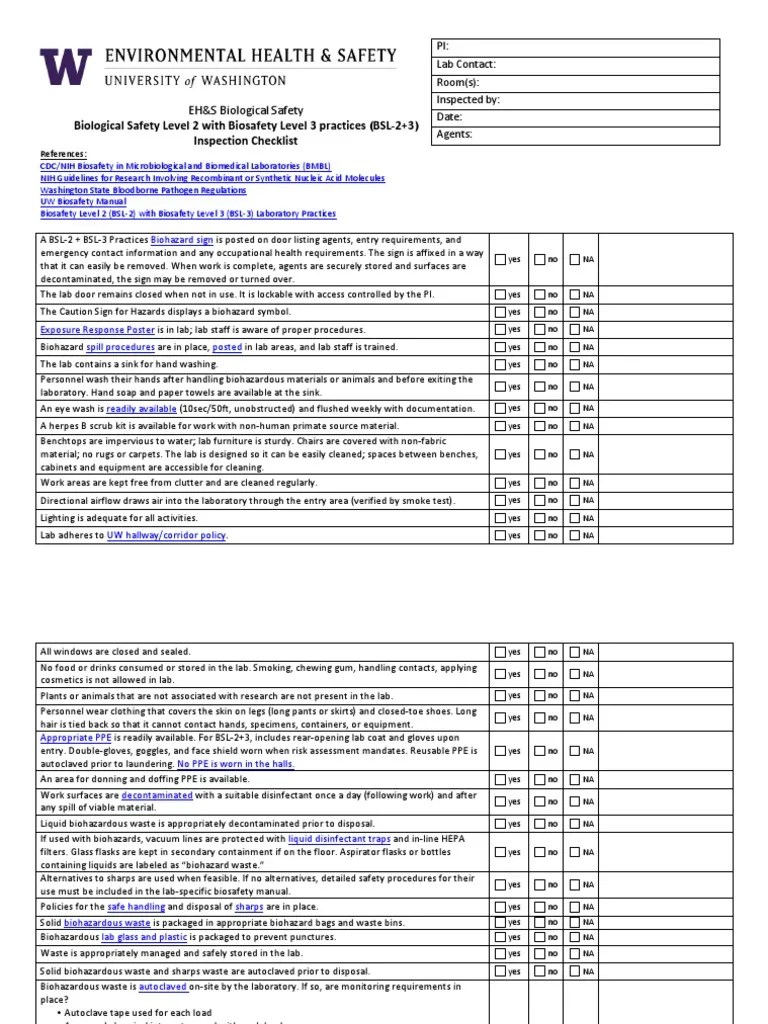 BSL2with3biosafetyinspectionchecklist PDF Laboratories Safety