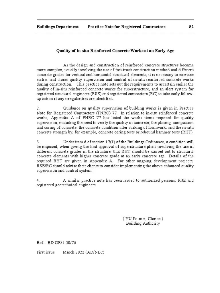 Pnrc82 Quality of InSitu RC Works at Early Stage PDF Concrete