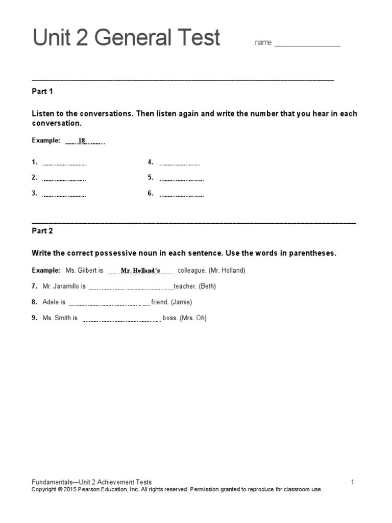 Top Notch Fundamentals Unit 2 Assessment PDF Linguistics