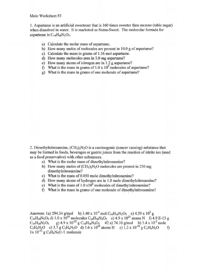 Mole Worksheet 3 (Practice) PDF