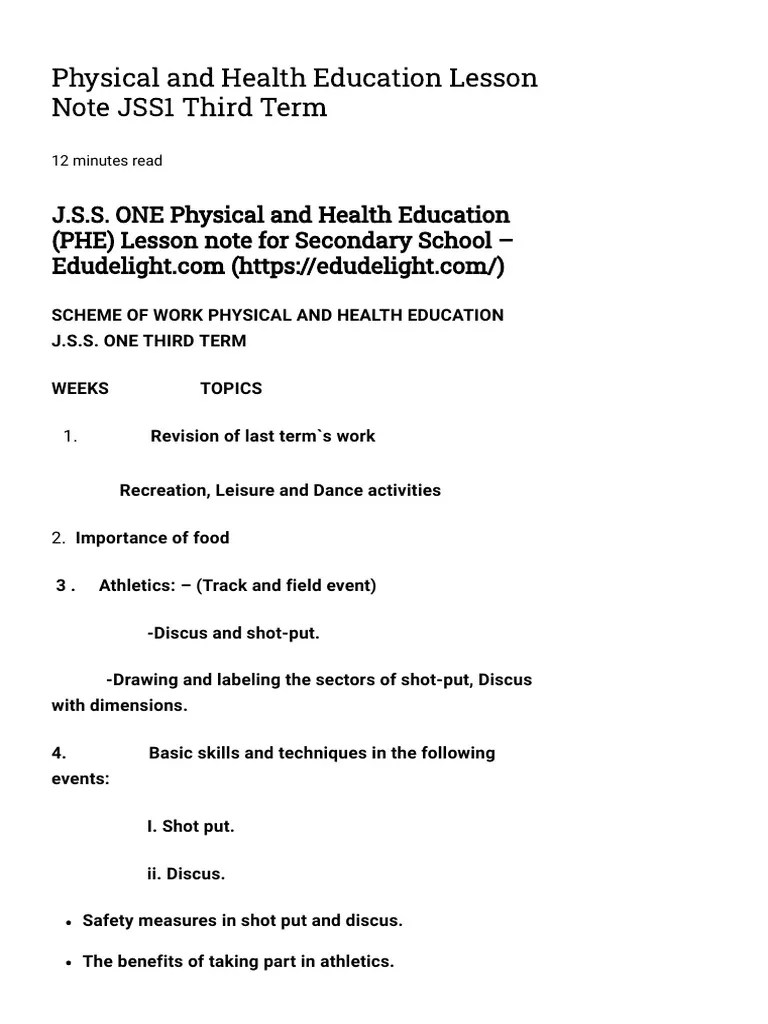 Physical and Health Education Lesson Note JSS1 Third Term Edud PDF