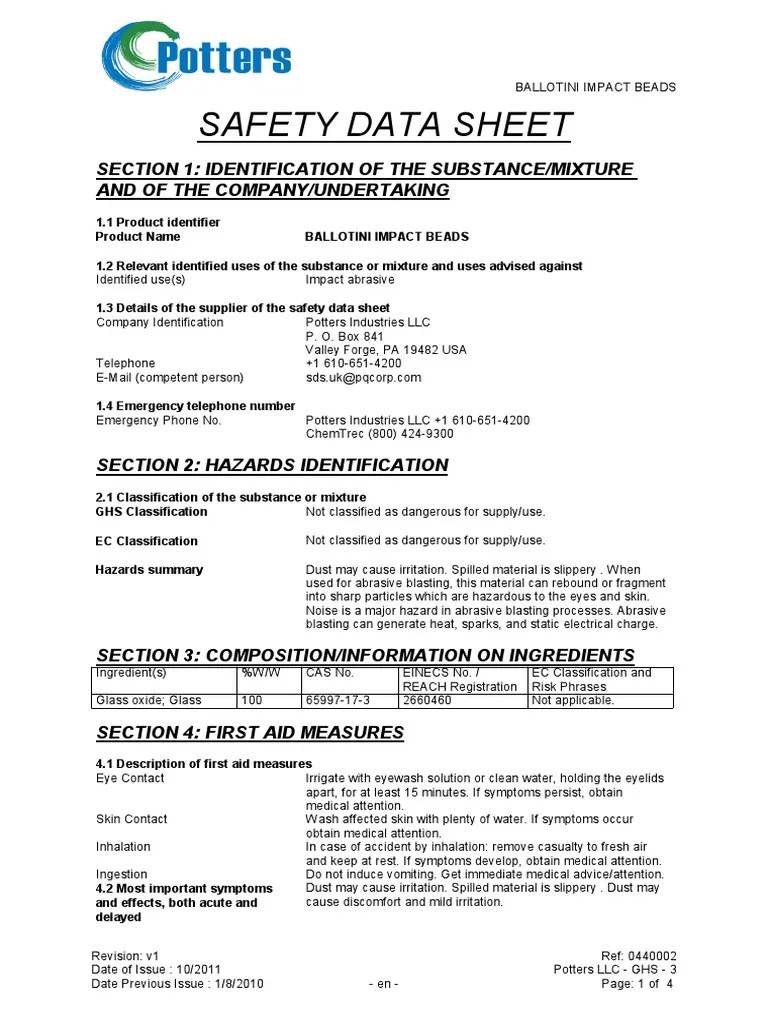 Potters Ballotini Glass Beads SDS PDF Toxicity Occupational