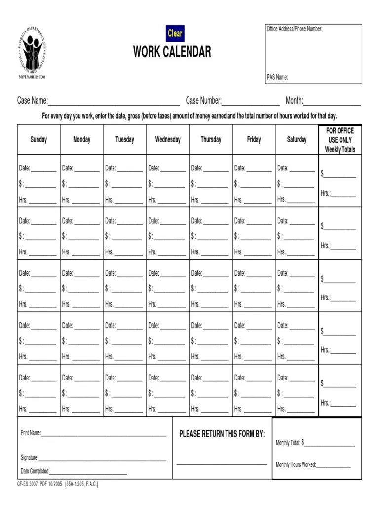 DCF Work Calendar Form CFES 3007 PDF
