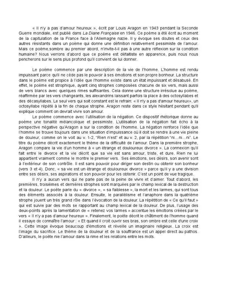 Il N'y A Pas D'amour Heureux, Écrit Par Louis Aragon en 1943 Pendant La