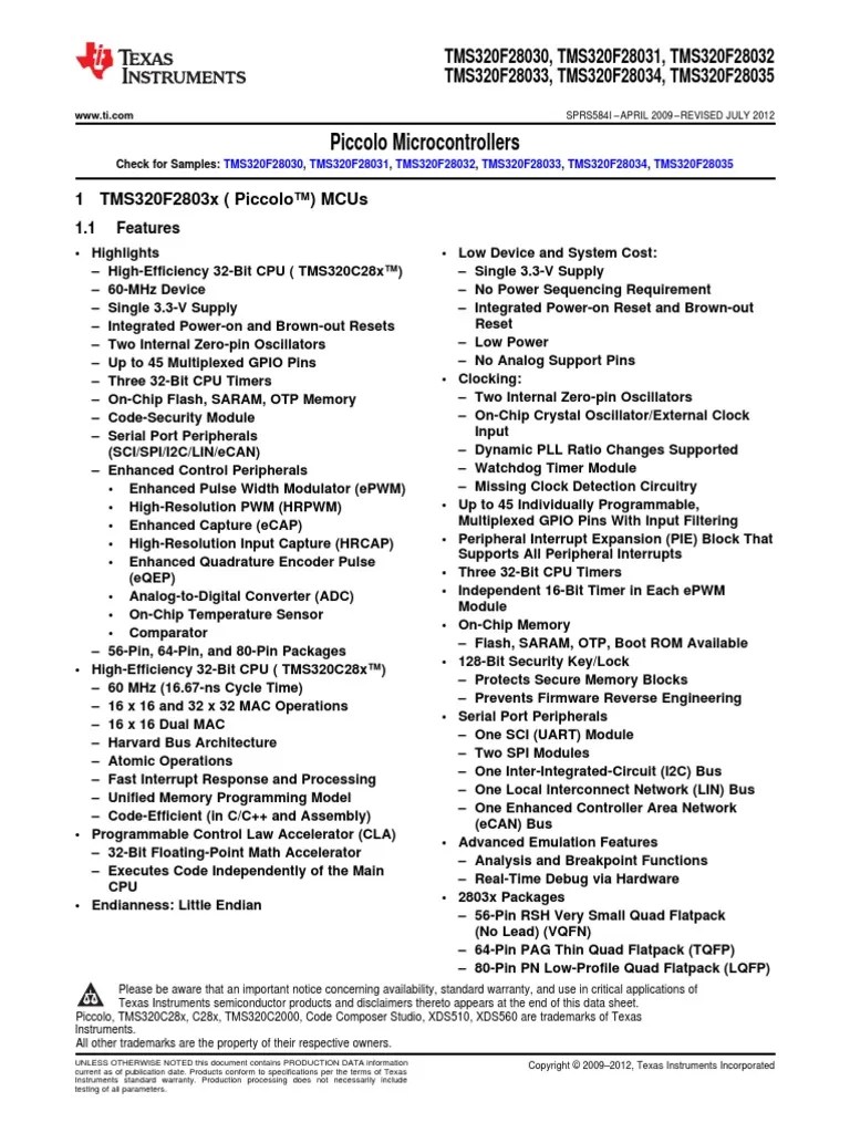 Piccolo Microcontrollers 1 Tms320F2803X (Piccolo™) Mcus PDF Microcontroller Computer
