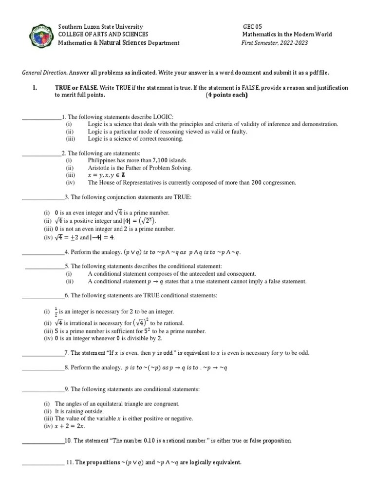 GEC 05 Mathematics in The Modern World PDF Logic Numbers